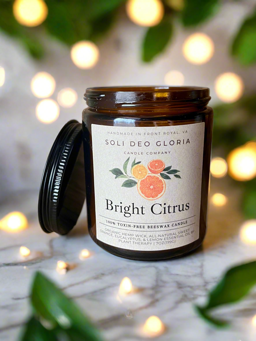 Bright Citrus Organic Essential Oil Beeswax Candle – Non-Toxic, Uplifting Citrus Scent