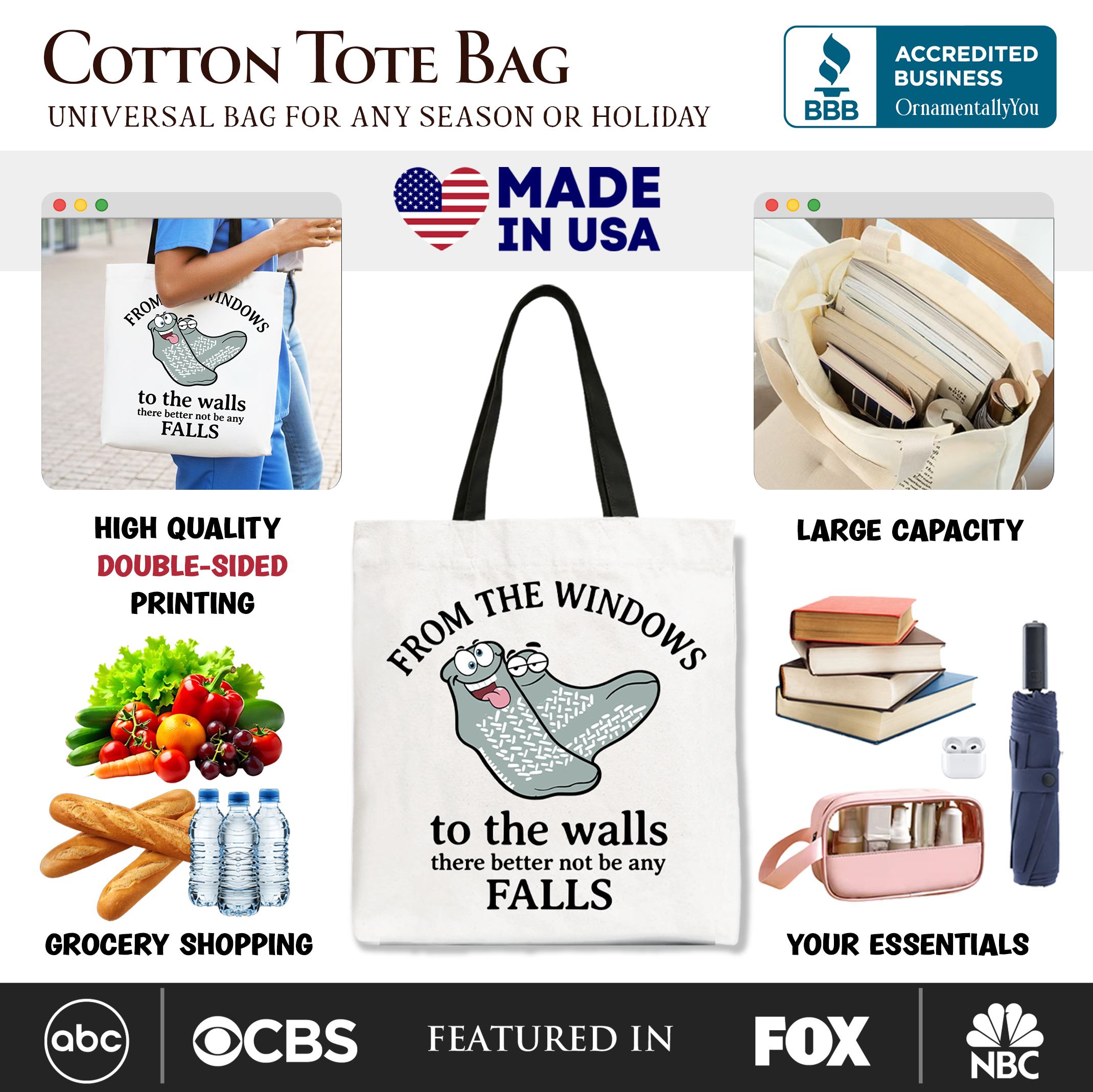 From The Windows To The Walls No Falls Socks Tote Bag, Funny Quote Gift Shopper