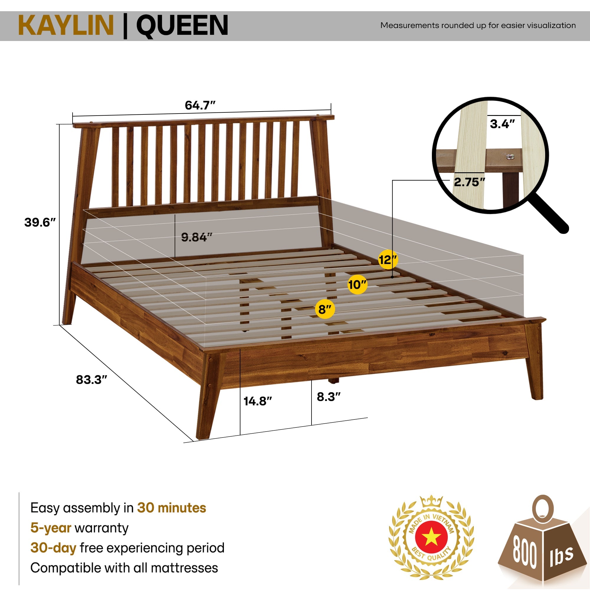 Acacia Kaylin Solid Wood Bed Frame for Durable Style and Comfort