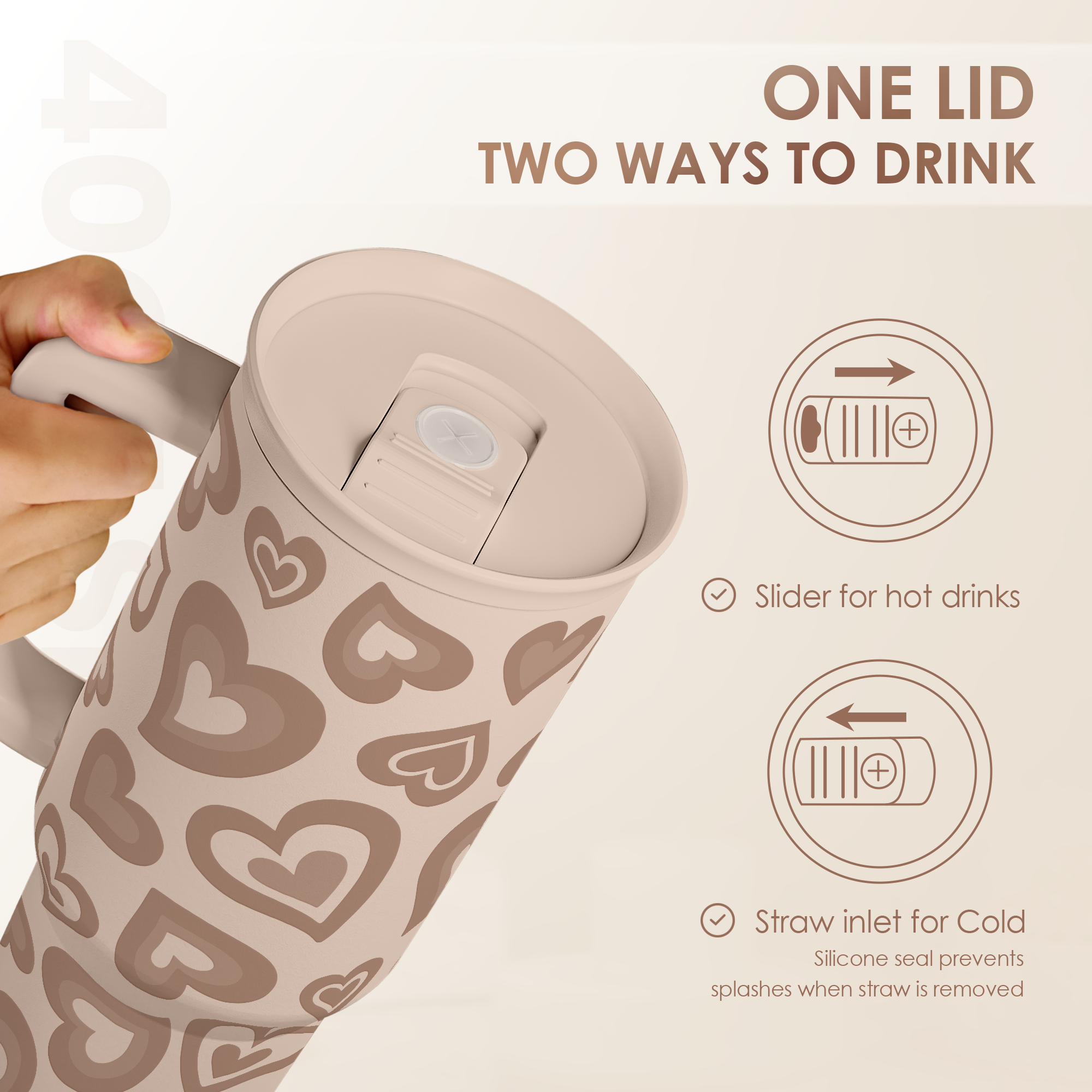 Heart Tumbler with Handle and Straw 40oz – Stainless Sleel Slider Tumbler Travel Coffee Mug for Women - Gift Idea for Birthday Christmas Valentine's Day