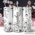 White and Black Wild Flowers Tumbler With Lid and Stainless Steel Straw, Beautiful Spring Travel Mug Gift