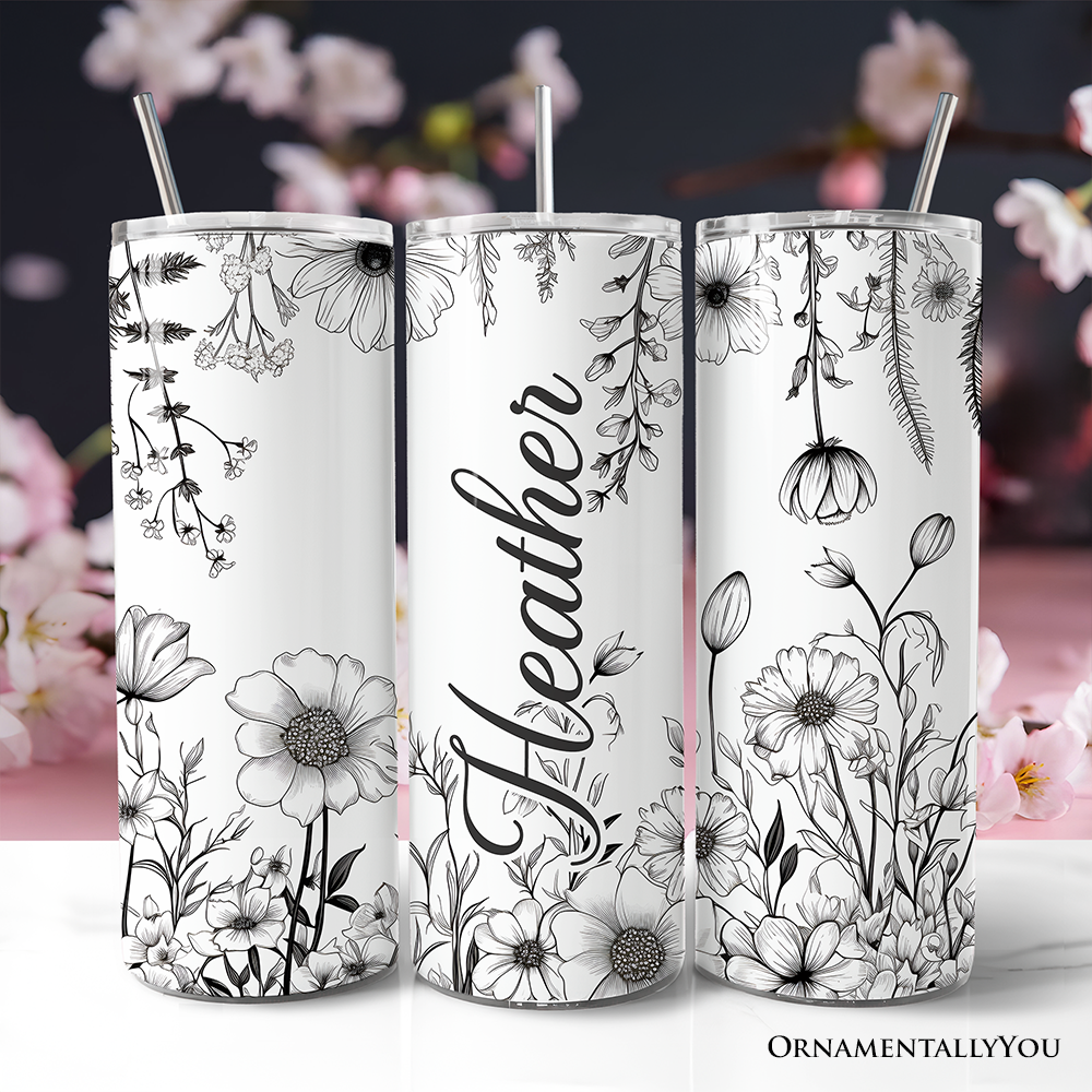 White and Black Wild Flowers Tumbler With Lid and Stainless Steel Straw, Beautiful Spring Travel Mug Gift
