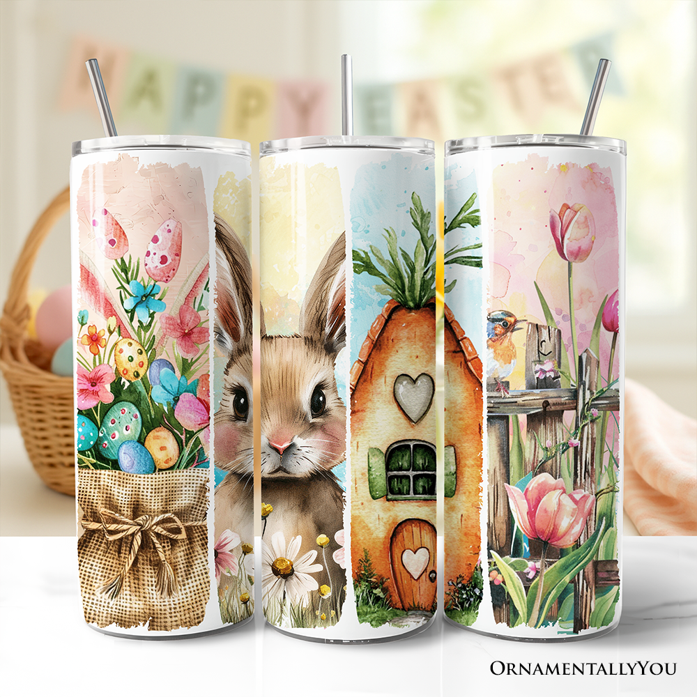 Easter Bunny Floral Brushstroke 20oz Personalized Tumbler With Lid and Stainless Steel Straw, Spring Pastel Coquette Travel Mug Gift