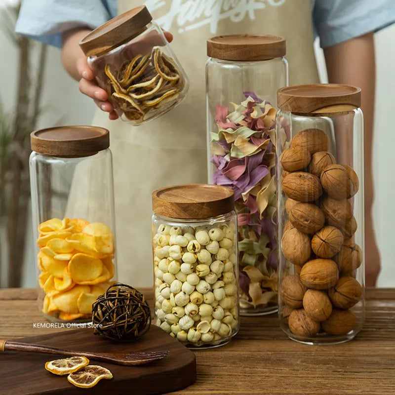 DecorBites™ Glass Airtight Canister with Wooden Lid | Versatile Kitchen Storage Solution