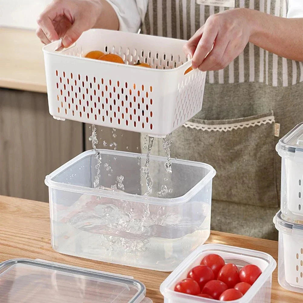 DecorBites™ Fridge Storage Containers with Drain Basket for Kitchen Organization