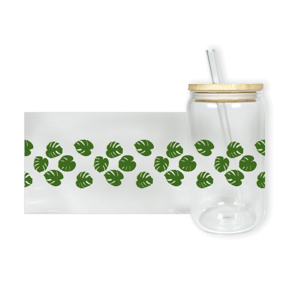 Monstera Pattern Soda Can Glass – 16 oz Durable Glass Tumbler with Bamboo Lid & Straw