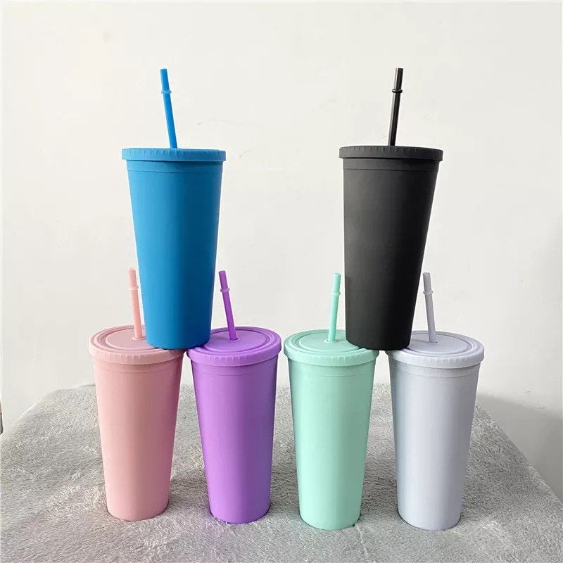 Summer Pastel Tapered Cup Blank Cups Tumblers, 24 oz Matte Tumblers, Double Wall Acrylic Tumbler With Straw and Screw Lid BPA Free