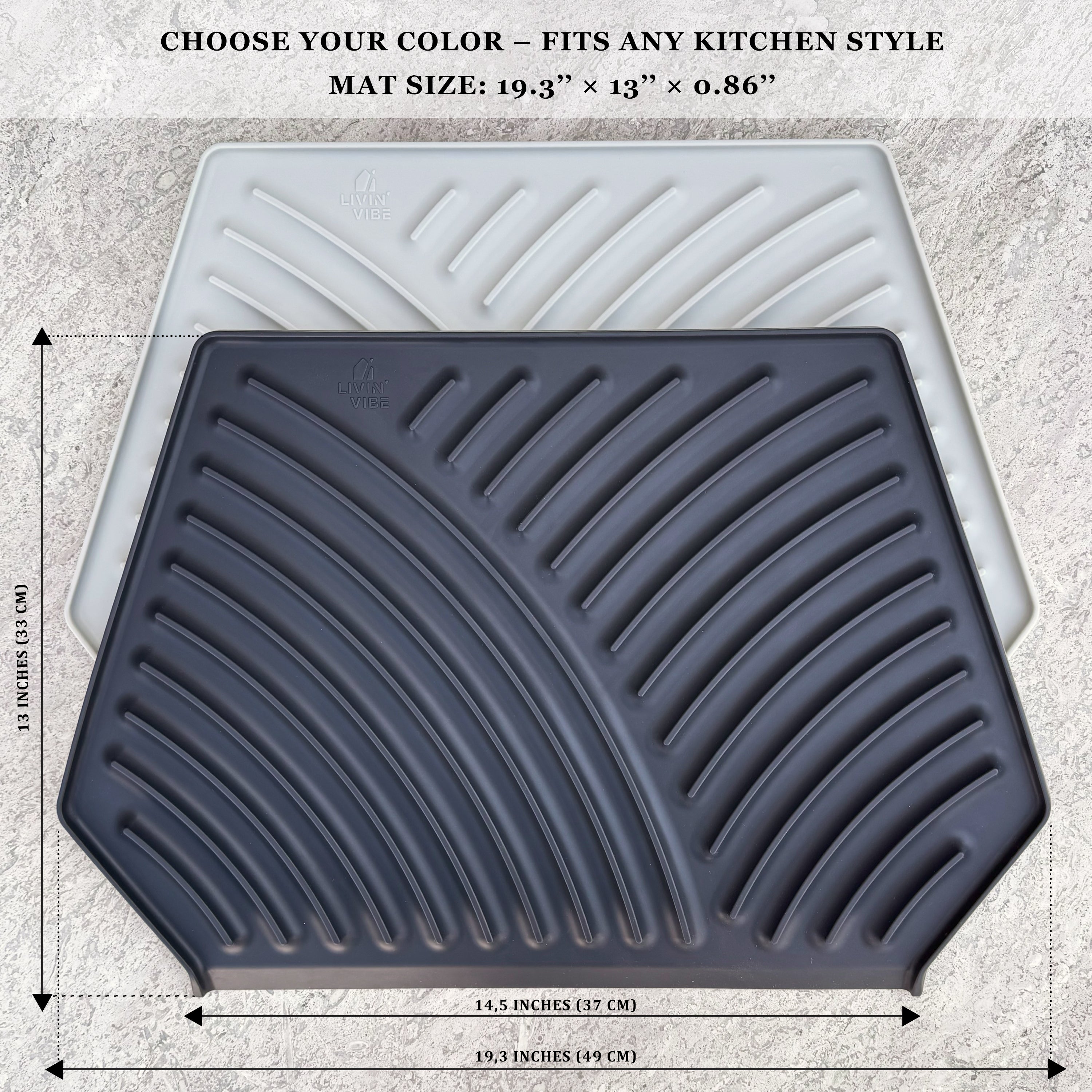 Silicone Dish Drying Mat with Built-in Drain (19.3’’ x 13’, Charcoal Grey)