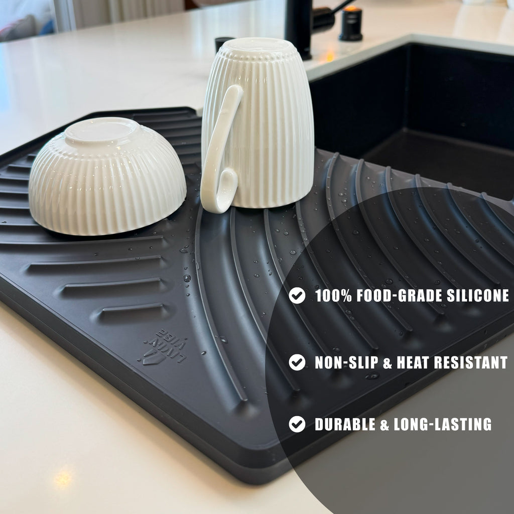 Silicone Dish Drying Mat with Built-in Drain (19.3’’ x 13’, Charcoal Grey)